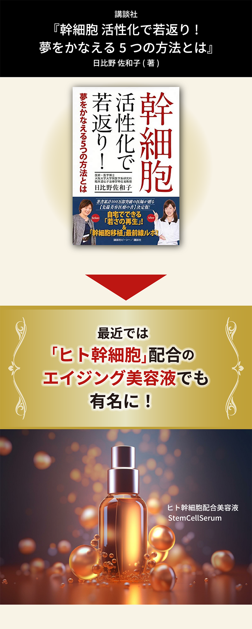 講談社『幹細胞 活性化で若返り!夢をかなえる5つの方法とは』日比野 佐和子 (著)最近では「ヒト幹細胞」配合のエイジング美容液でも有名に！