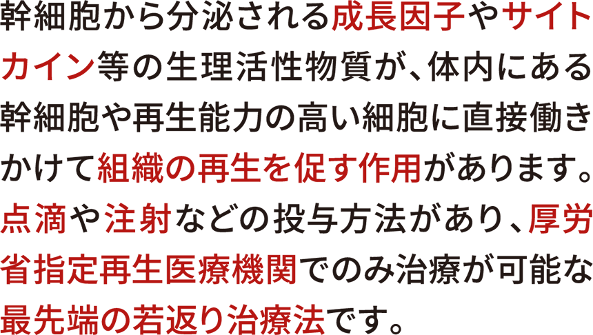 幹細胞から分泌される成長因子やサイトカイン等の生理活性物質が、体内にある幹細胞や再生能力の高い細胞に直接働きかけて組織の再生を促す作用があります。点滴や注射などの投与方法があり、厚労省指定再生医療機関でのみ治療が可能な最先端の若返り治療法です。